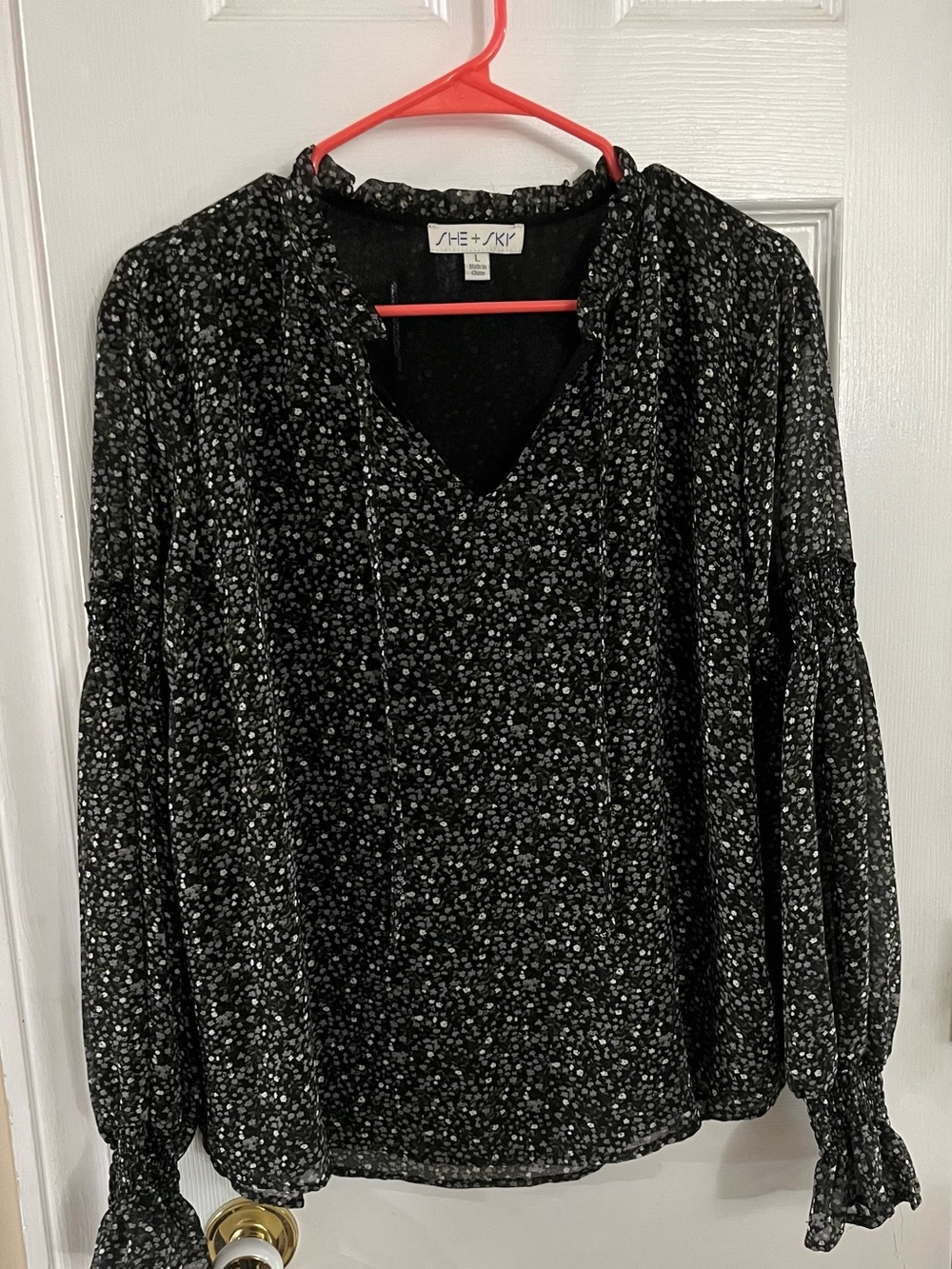 She + Sky Black Floral V-Neck Long Sleeve Blouse with White Ditsy Print